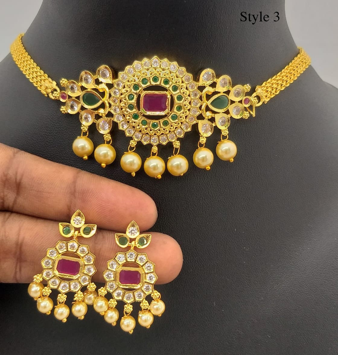 South Indian choker necklace designs | Small gold choker necklace designs with Pearl drops and AD stones | American Diamond Necklace online