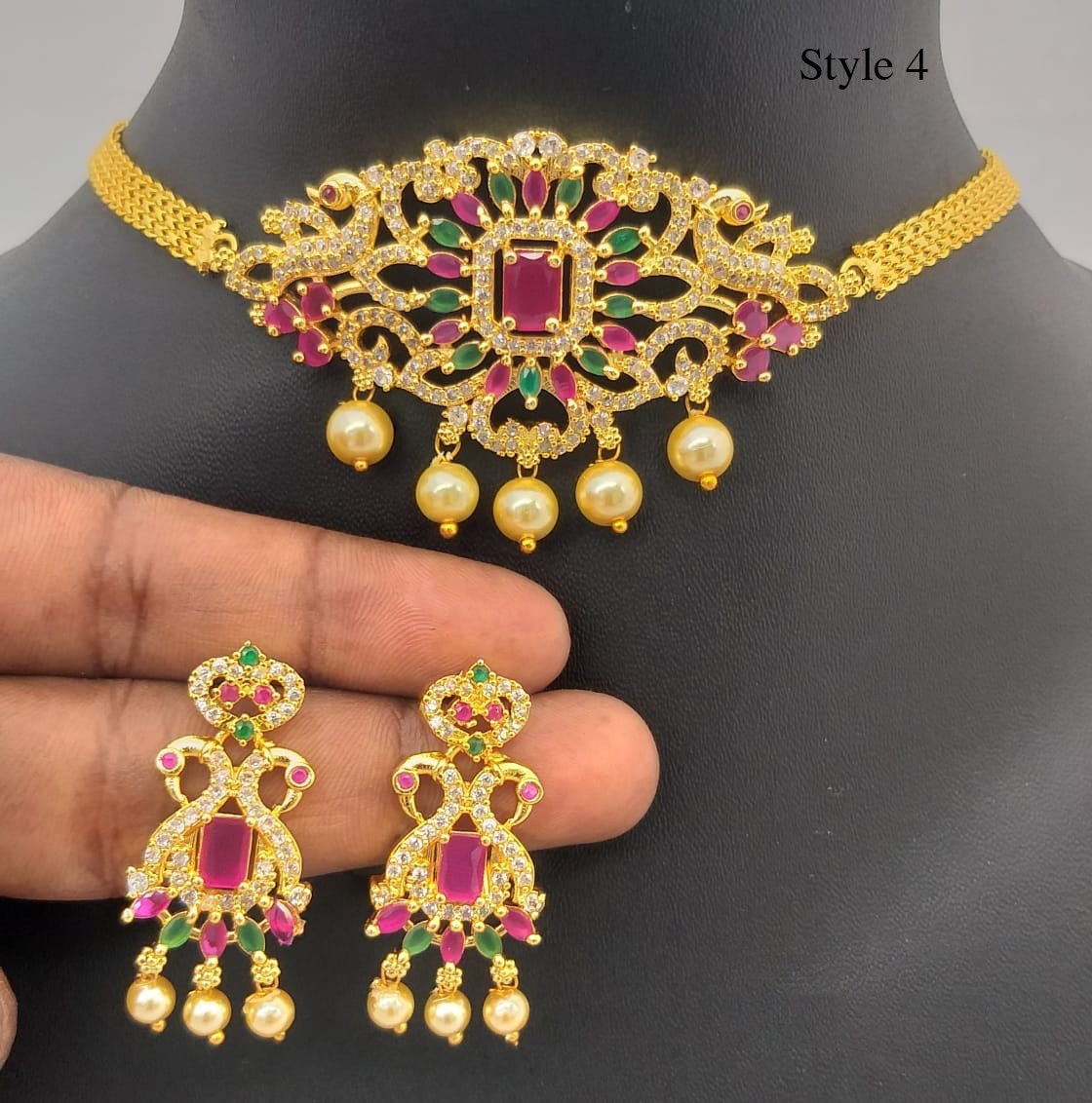 South Indian choker necklace designs | Small gold choker necklace designs with Pearl drops and AD stones | American Diamond Necklace online
