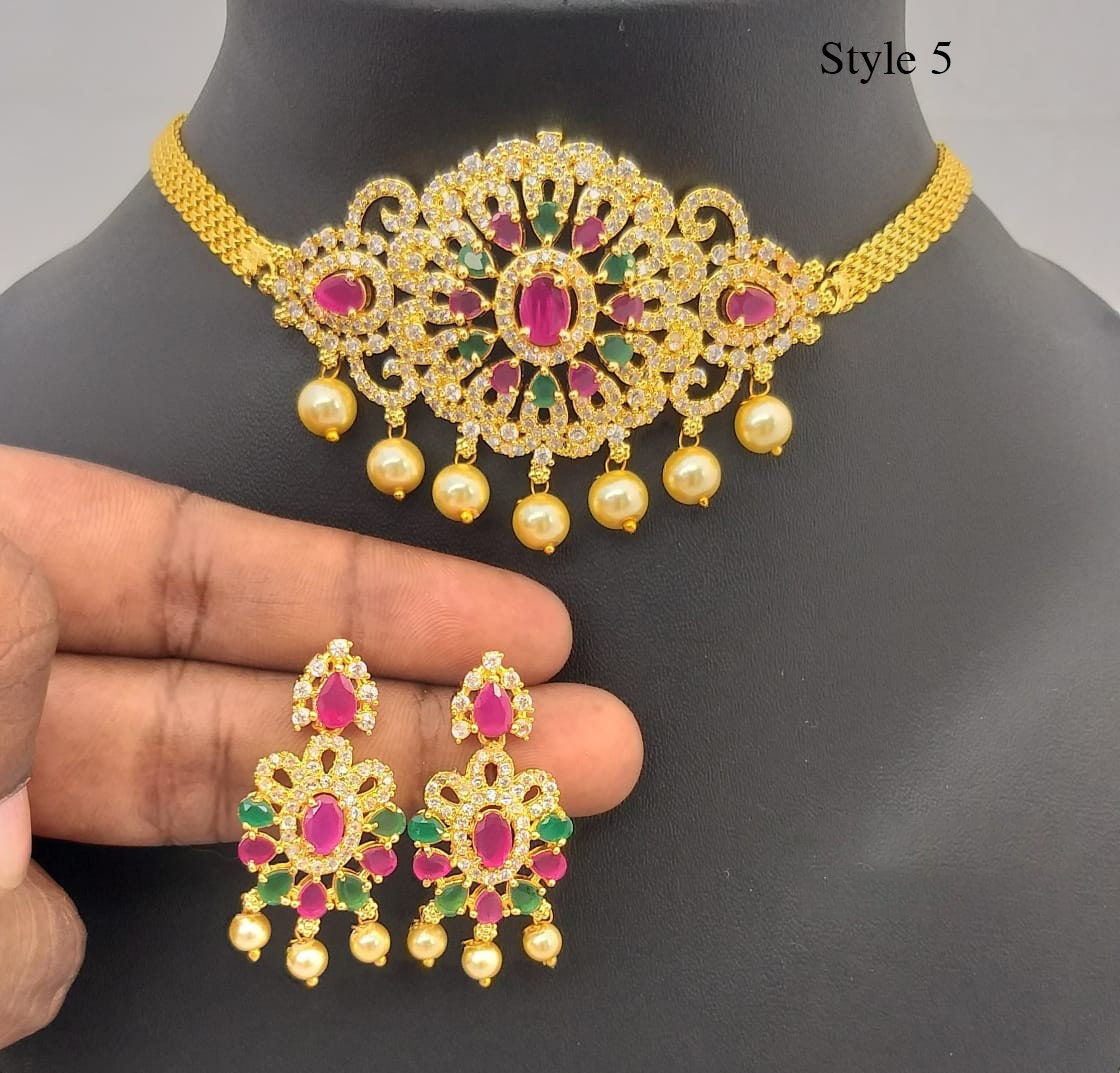 South Indian choker necklace designs | Small gold choker necklace designs with Pearl drops and AD stones | American Diamond Necklace online