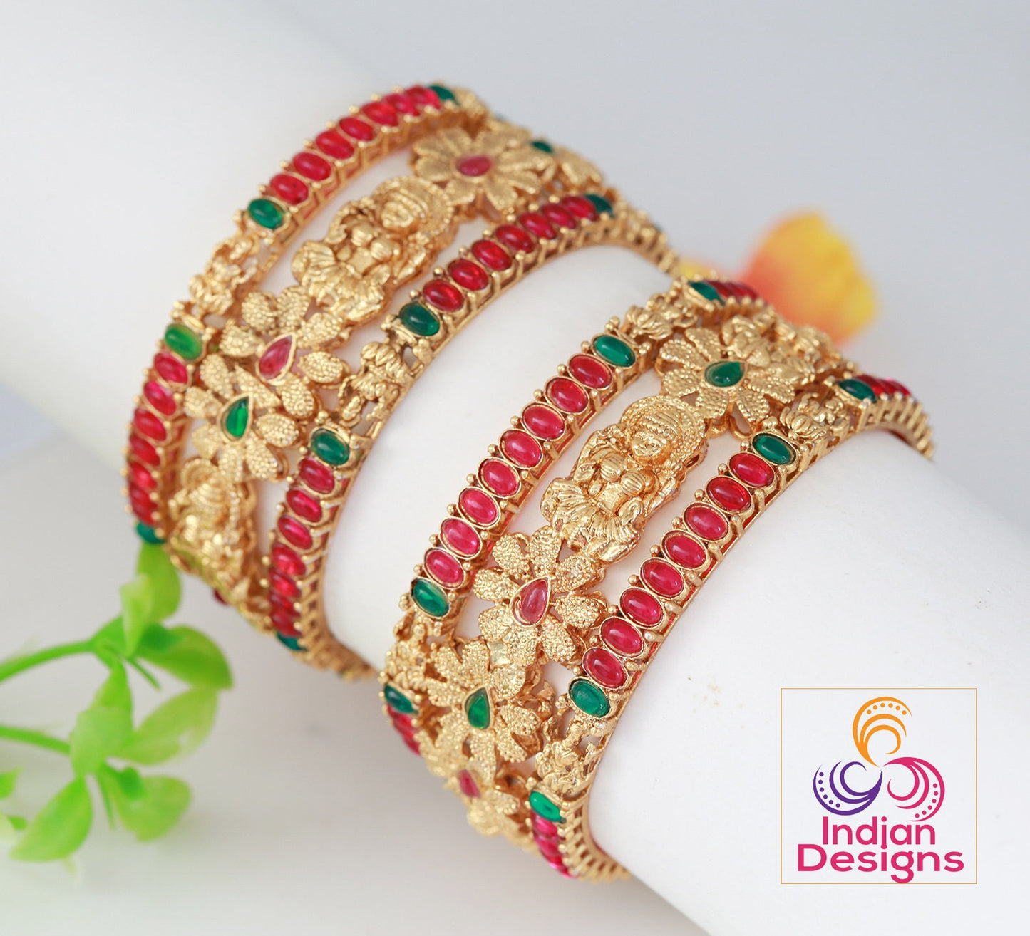 Matte Finish Gold Plated Lakshmi Design Red Green kemp Stones South Indian Bangles | Traditional Temple Jewelry Bangles | Set of 6 Bangles