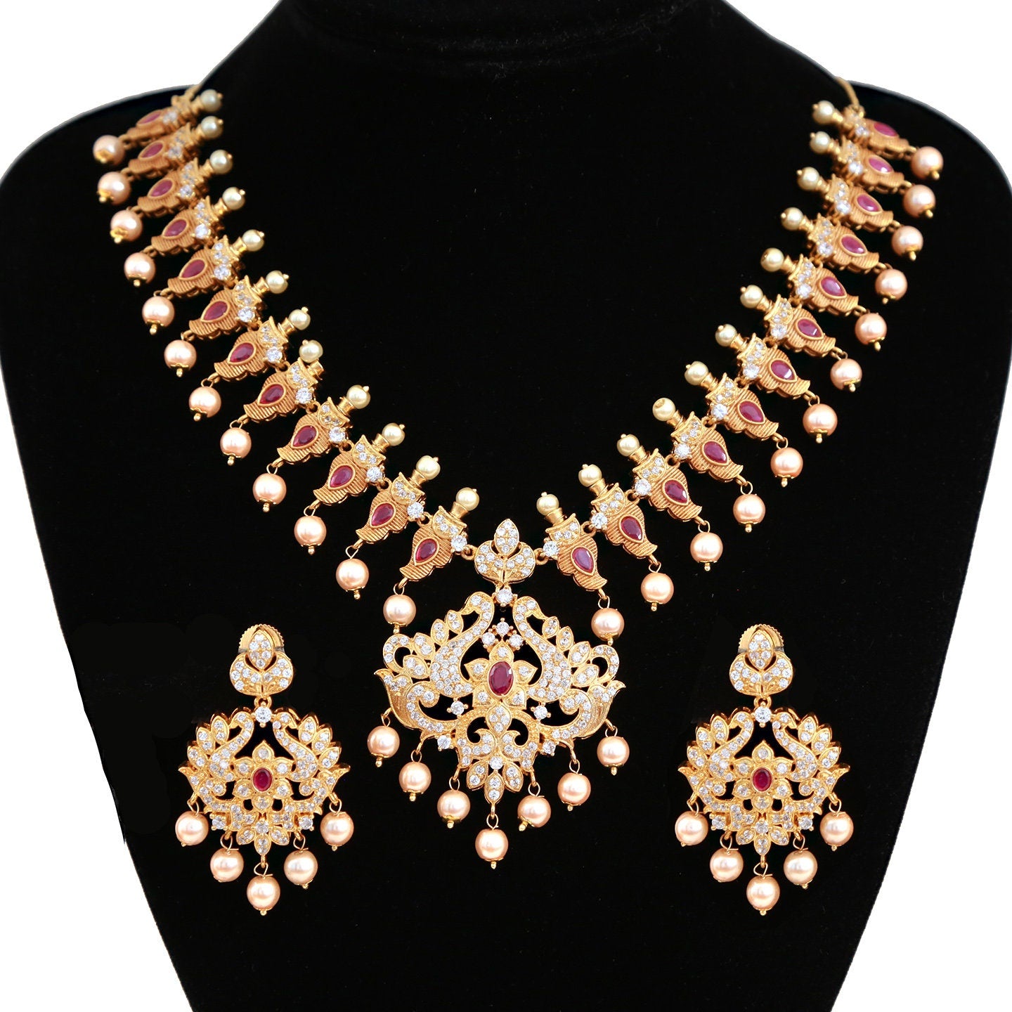 Matte finish gold Plated necklace and earring set, South Indian temple jewelry mango design necklace, ruby emerald necklace with Pearl drops