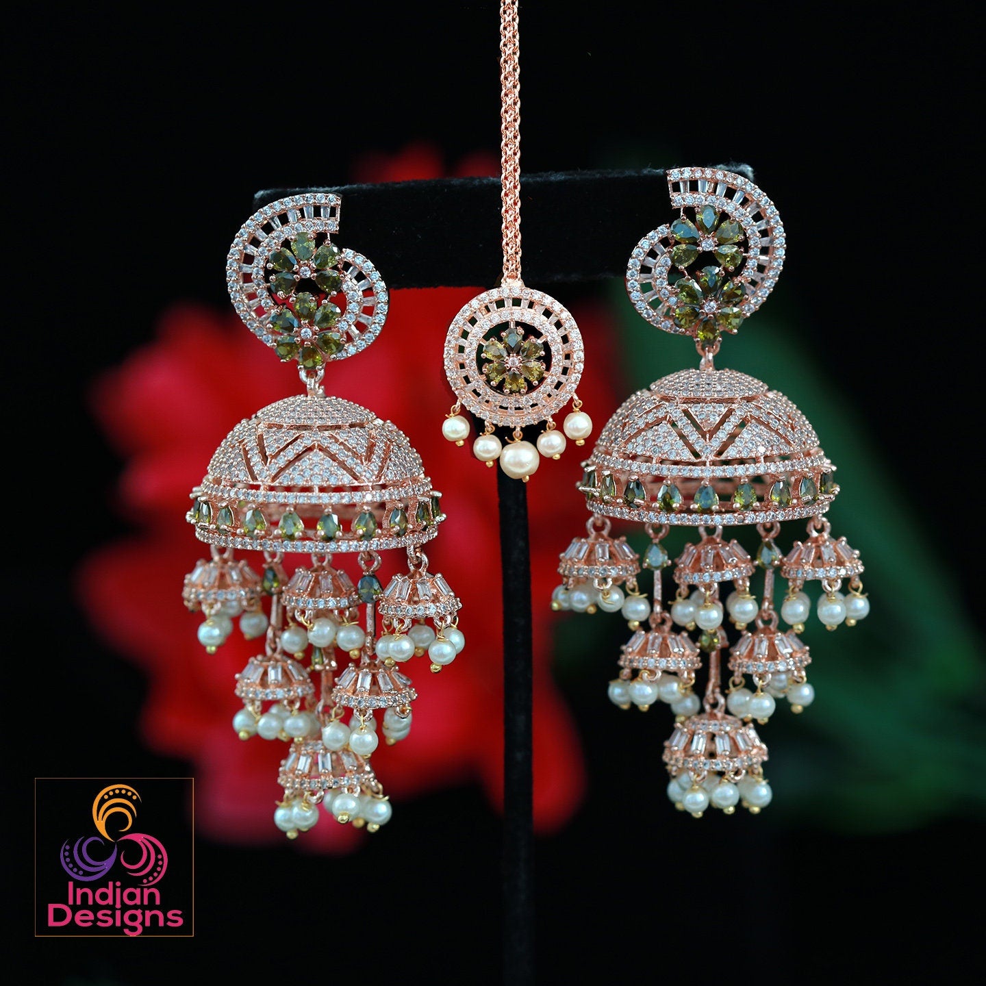 Big Silver-Rose Gold Jhumka Earrings with mangtikka | American Diamond Jhumki | Indian jewelry | Pakistani bridal jhumkas | Pearl jhumkas