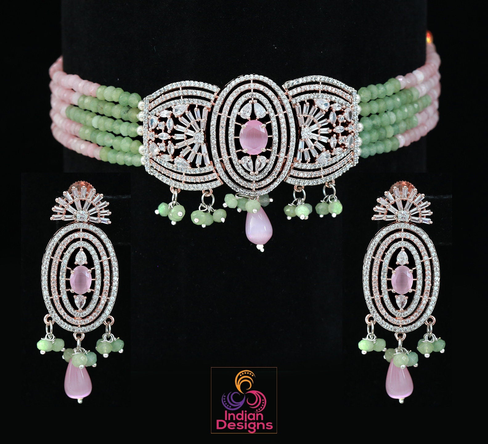 Indian Wedding Bridal AD Bollywood Pink American Diamond Choker CZ Necklace  Set