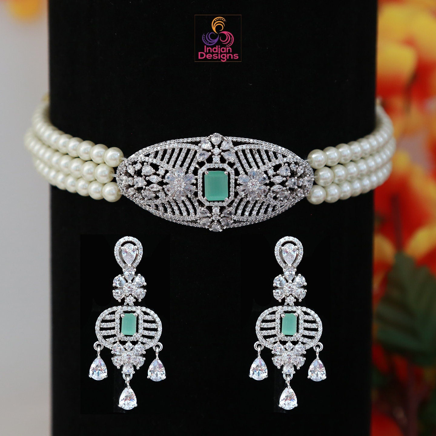 3 Strand pearl choker necklace | Pendant choker necklace | Ad pendant choker diamond necklace | Baby Pink choker set | Mint green choker set