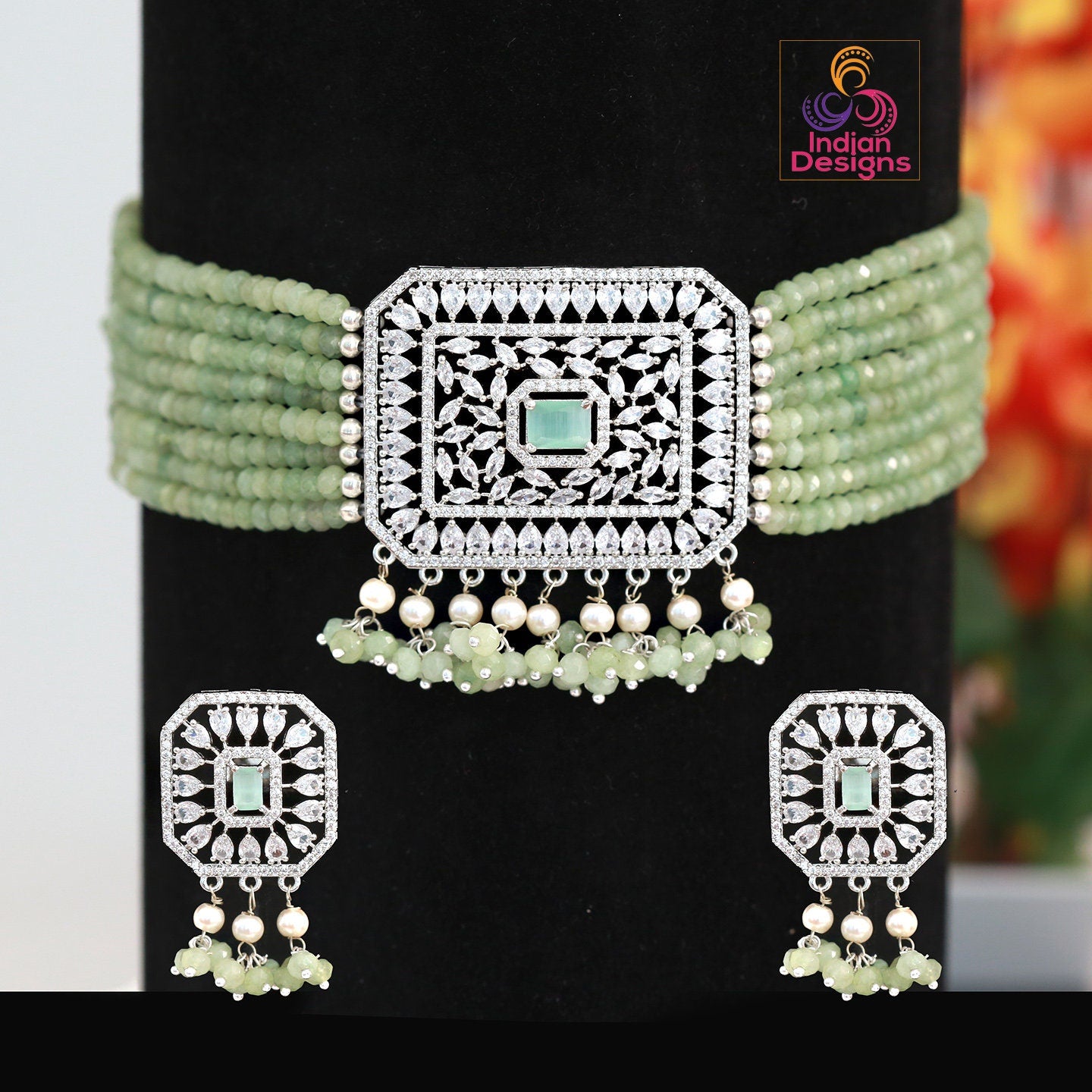 Rose Gold American Diamond choker | Multi strand beaded necklace with Crystal Pendant | CZ choker | Indian Wedding Jewelry | Pink CZ Choker