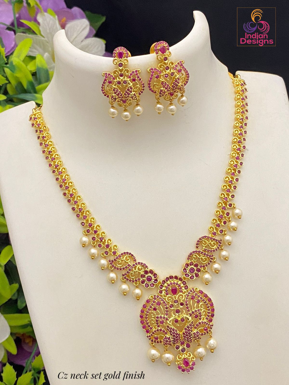 Unique Design American Diamond Necklace set | Gold plated Emerald Ruby AD Necklace with Pearl Hangings | South Indian Style Wedding jewelry
