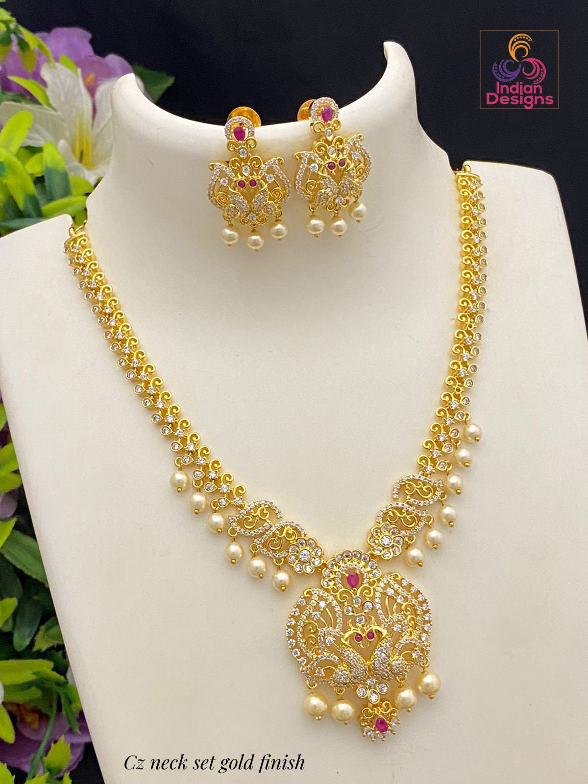 Unique Design American Diamond Necklace set | Gold plated Emerald Ruby AD Necklace with Pearl Hangings | South Indian Style Wedding jewelry