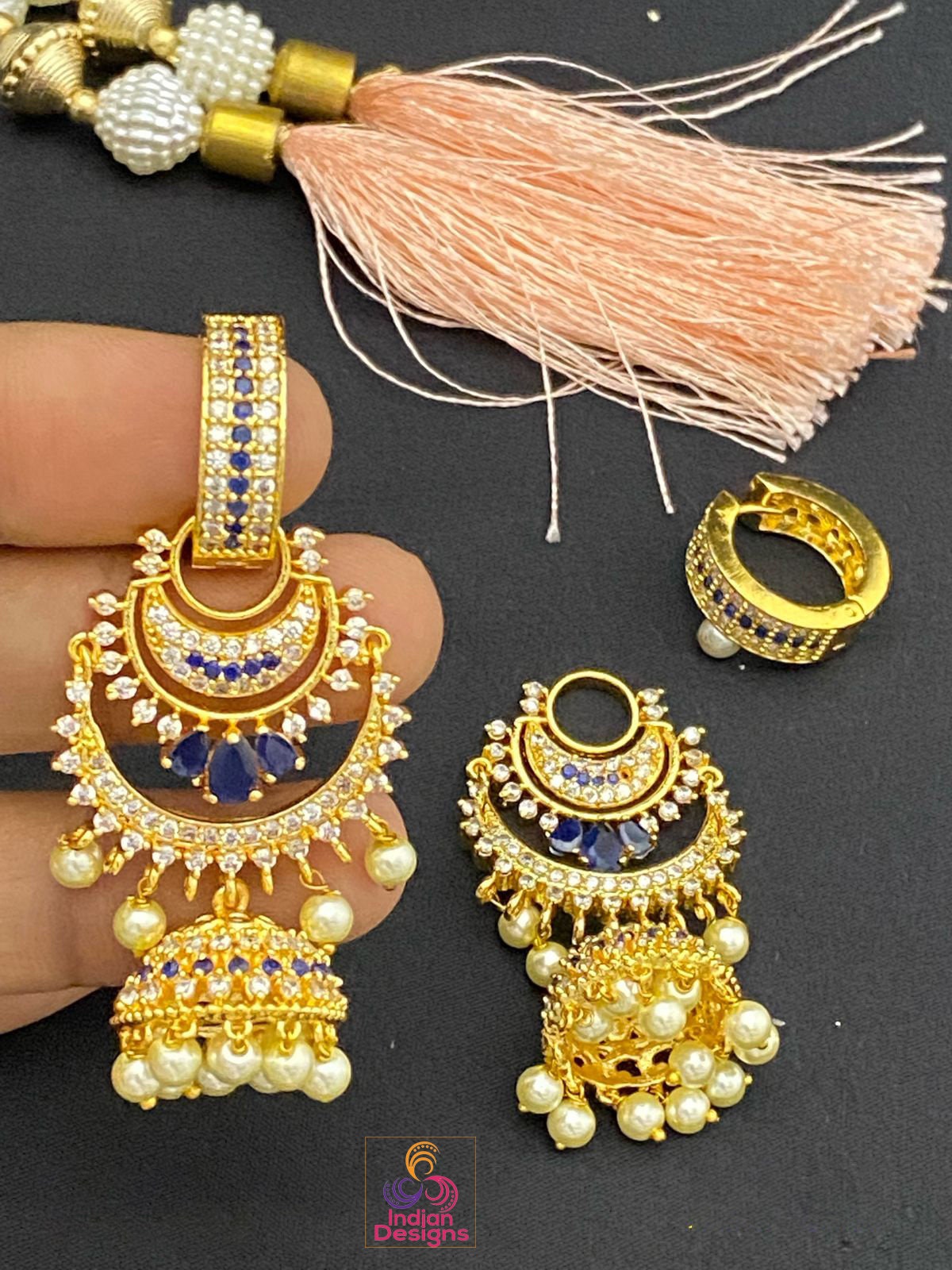 Gold Plated chandbali Jhumka Earrings | American Diamond CZ Bridal bali jhumka earrings | Bridal earrings for indian wedding | Jhumka jhumki
