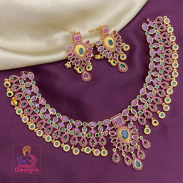 Exclusive South Indian 22K Gold Plated choker necklace designs | Red Green & White real Kemp stone necklace designs | temple bridal jewelry