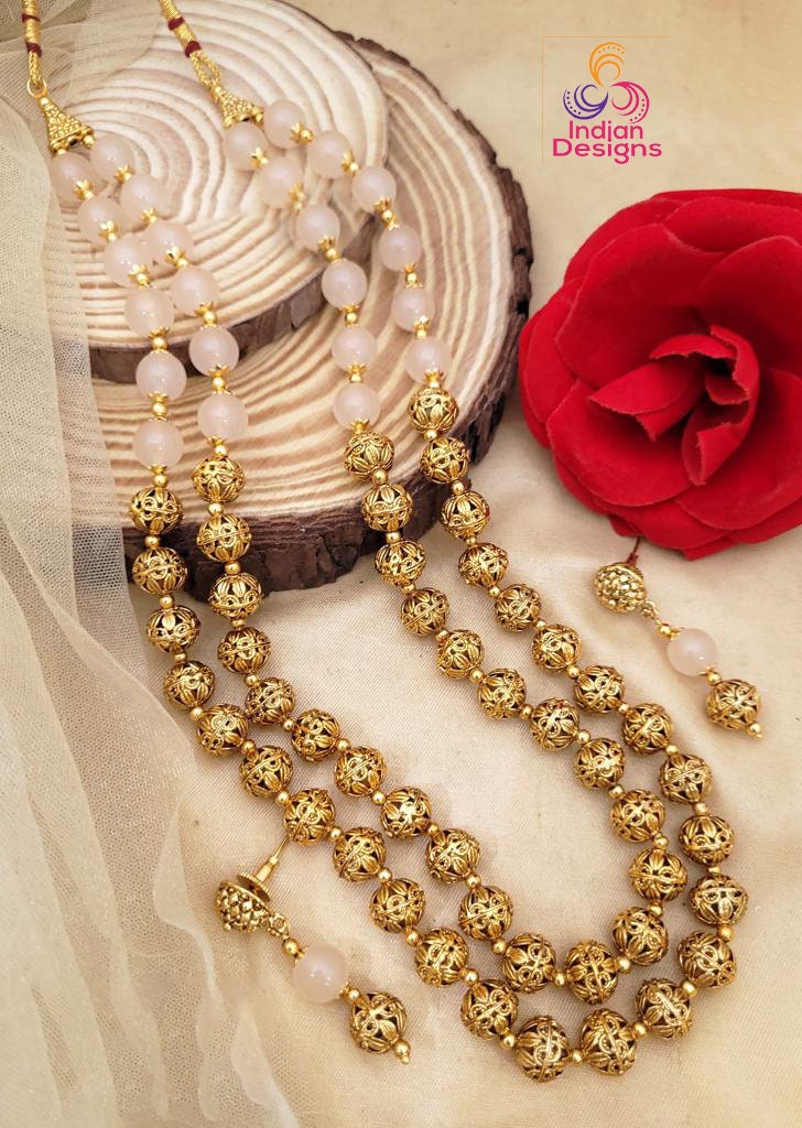 Traditional Handcrafted Golden beads Long matar mala Necklace Earring set | 22 Inch Two layer Gold balls chain mala set |South Indian Jewelry