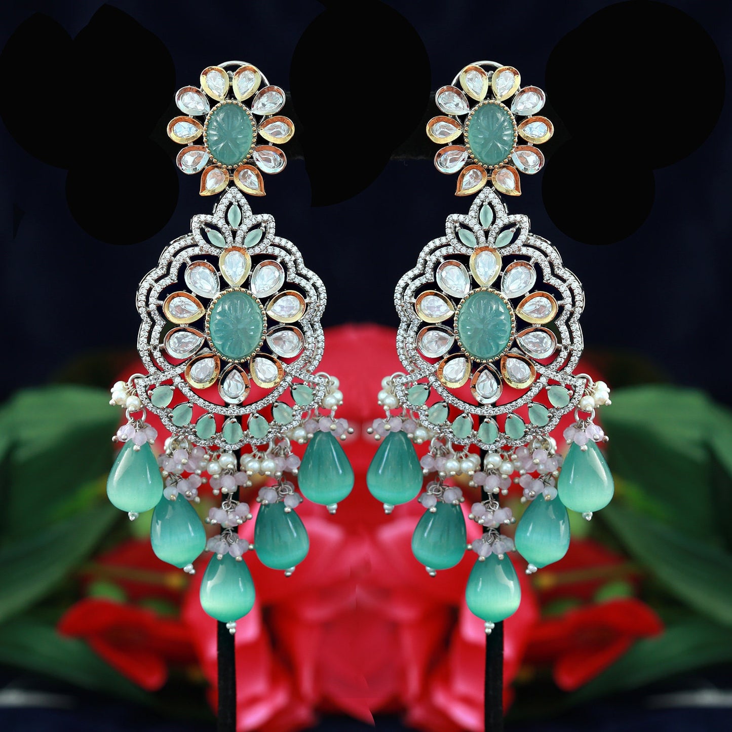 Handmade Real Kundan Wedding Earrings | Bridal Kundan Earring set|American Diamond Large Indian Wedding chandelier earrings|Punjabi Earrings