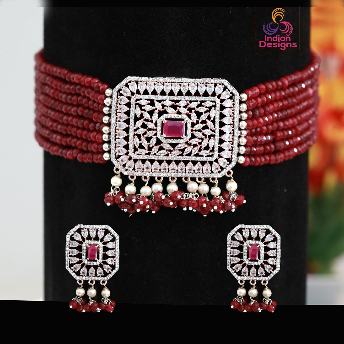 Rose Gold American Diamond choker | Multi strand beaded necklace with Crystal Pendant | CZ choker | Indian Wedding Jewelry | Pink CZ Choker