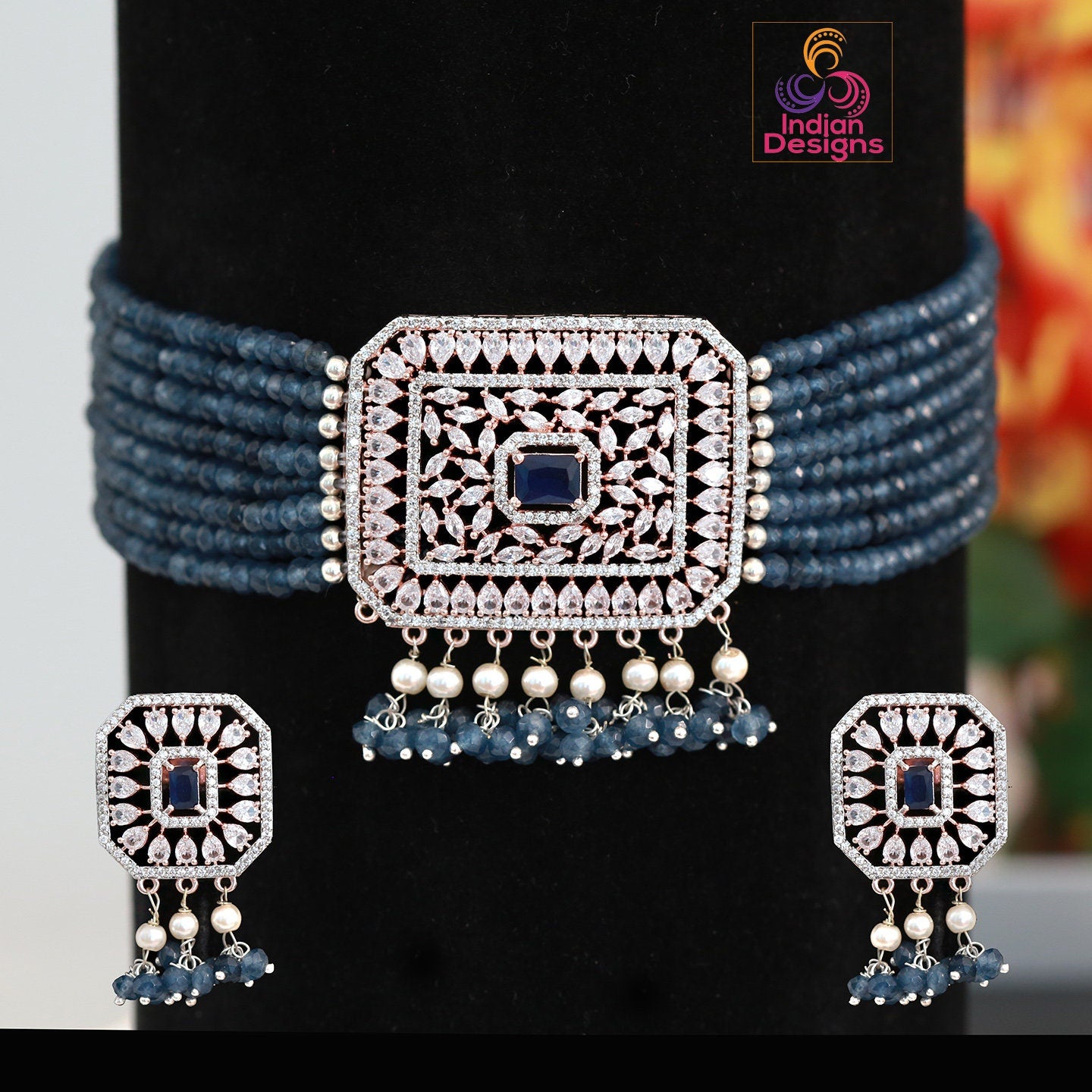 Rose Gold American Diamond choker | Multi strand beaded necklace with Crystal Pendant | CZ choker | Indian Wedding Jewelry | Pink CZ Choker