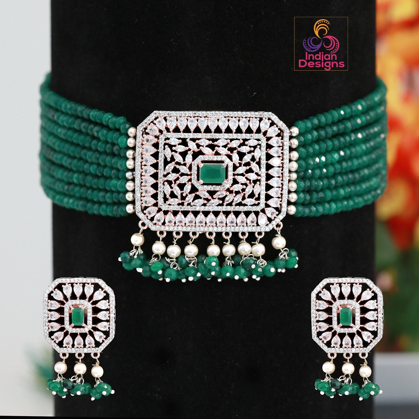 Rose Gold American Diamond choker | Multi strand beaded necklace with Crystal Pendant | CZ choker | Indian Wedding Jewelry | Pink CZ Choker