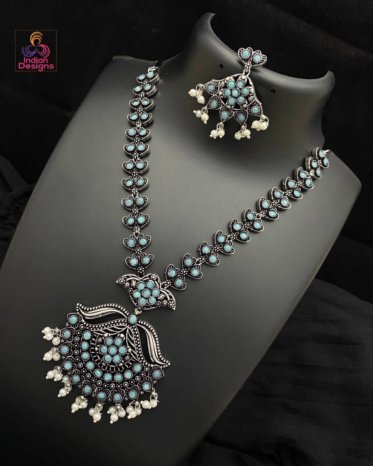 Antique German silver choker necklace | Oxidized Silver necklace Earrings | Victorian style oxidized silver necklace studded with AD stones
