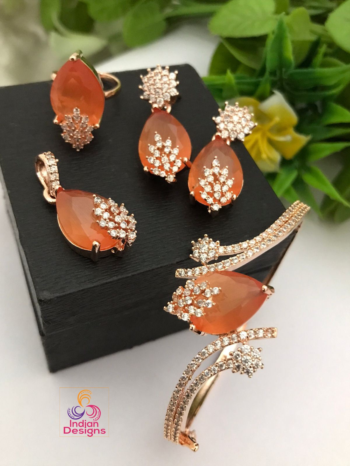 Earrings, ring, Pendant and Bracelet combo | Rose Gold Jewelry set | American Diamond CZ stone Jewelry Gift set for Her | CZ bangle set