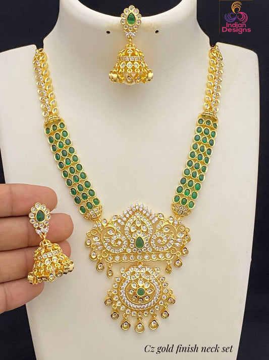 Gold plated Emerald Green American Diamond Necklace set | AD Necklace with Jhumka Earrings | South Indian Style Wedding jewelry