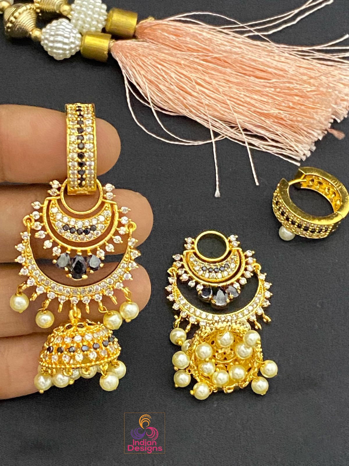 Gold Plated chandbali Jhumka Earrings | American Diamond CZ Bridal bali jhumka earrings | Bridal earrings for indian wedding | Jhumka jhumki