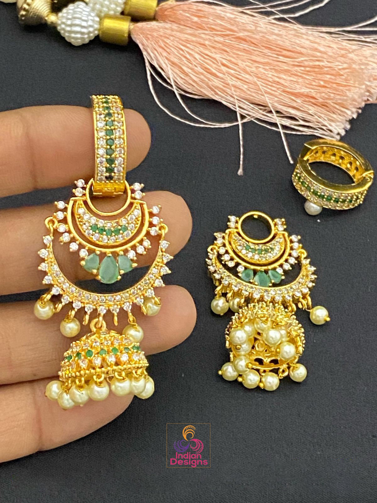 Gold Plated chandbali Jhumka Earrings | American Diamond CZ Bridal bali jhumka earrings | Bridal earrings for indian wedding | Jhumka jhumki