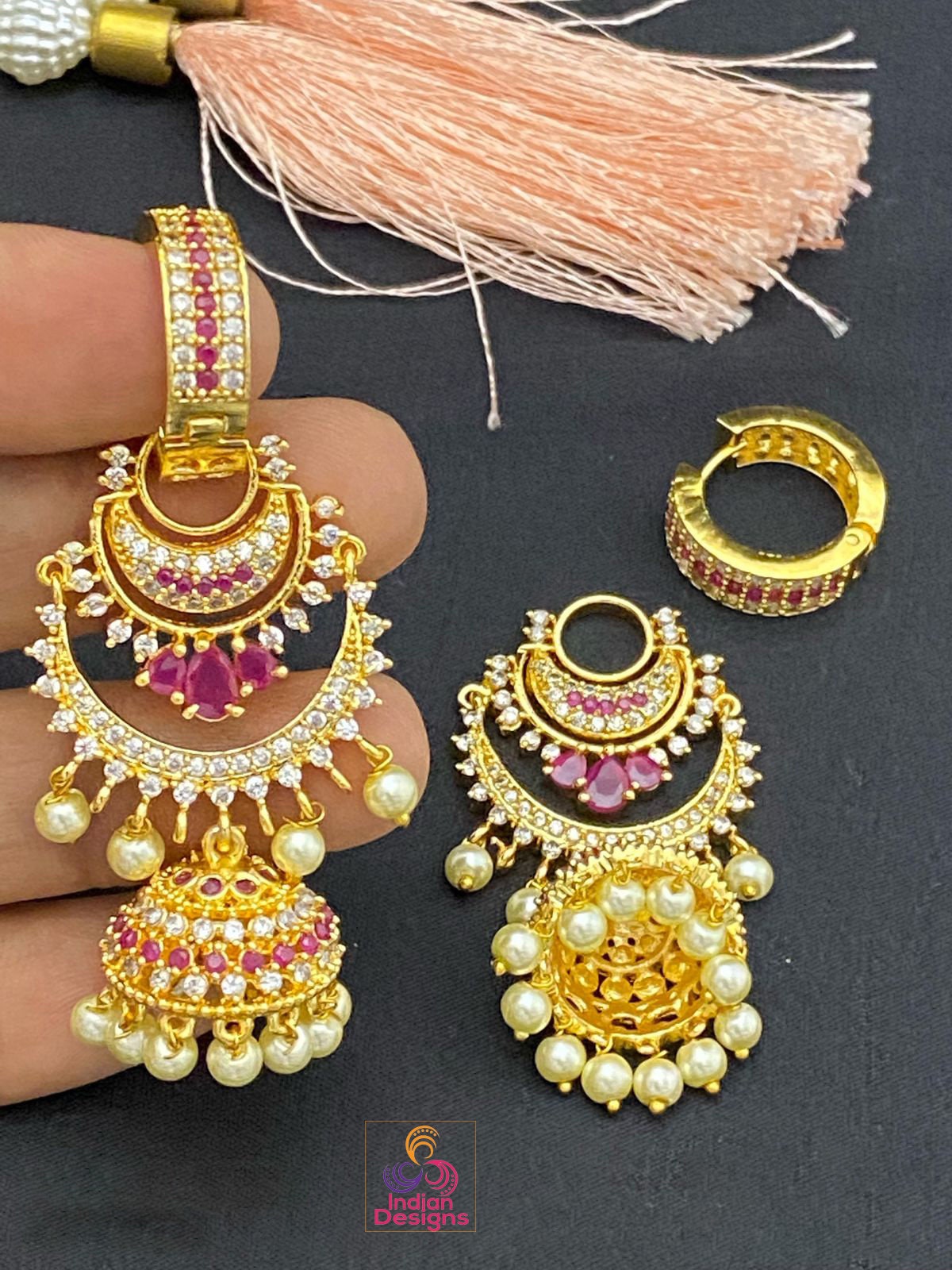 Gold Plated chandbali Jhumka Earrings | American Diamond CZ Bridal bali jhumka earrings | Bridal earrings for indian wedding | Jhumka jhumki