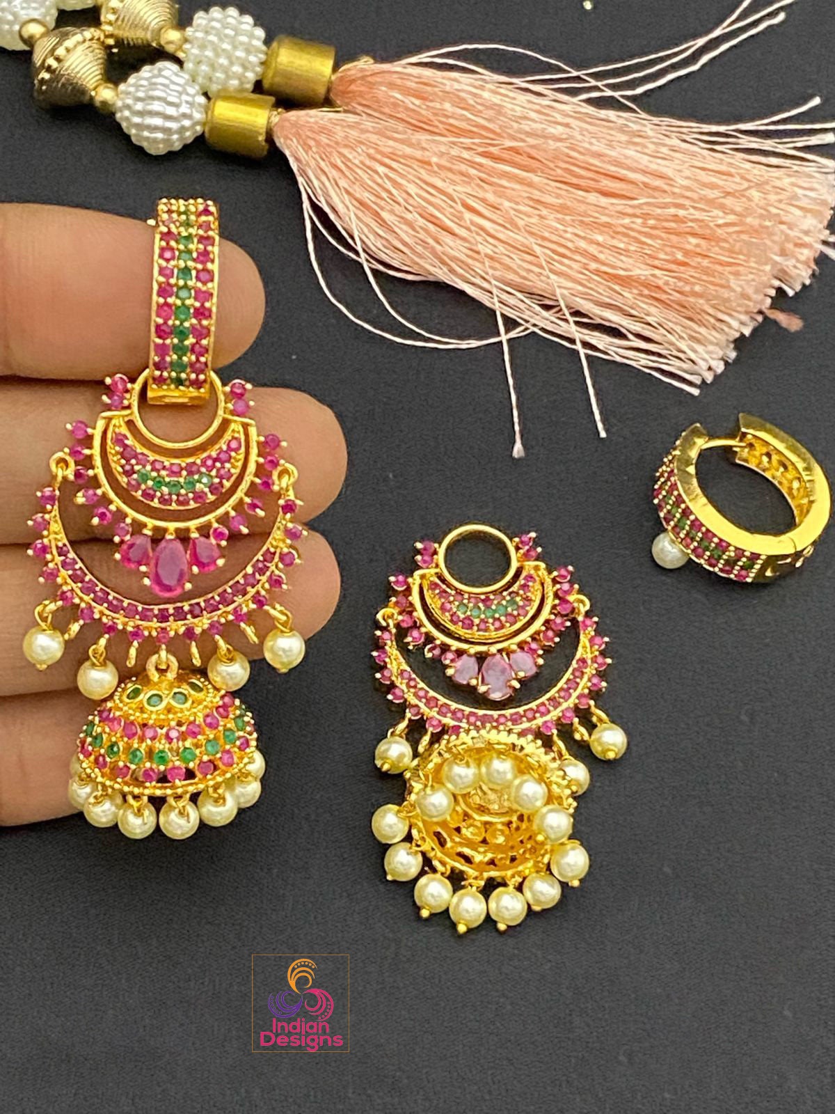 Gold Plated chandbali Jhumka Earrings | American Diamond CZ Bridal bali jhumka earrings | Bridal earrings for indian wedding | Jhumka jhumki