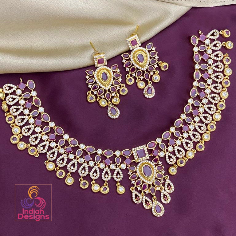 Exclusive South Indian 22K Gold Plated choker necklace designs | Red Green & White real Kemp stone necklace designs | temple bridal jewelry