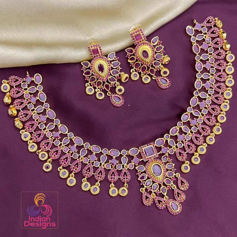 Exclusive South Indian 22K Gold Plated choker necklace designs | Red Green & White real Kemp stone necklace designs | temple bridal jewelry