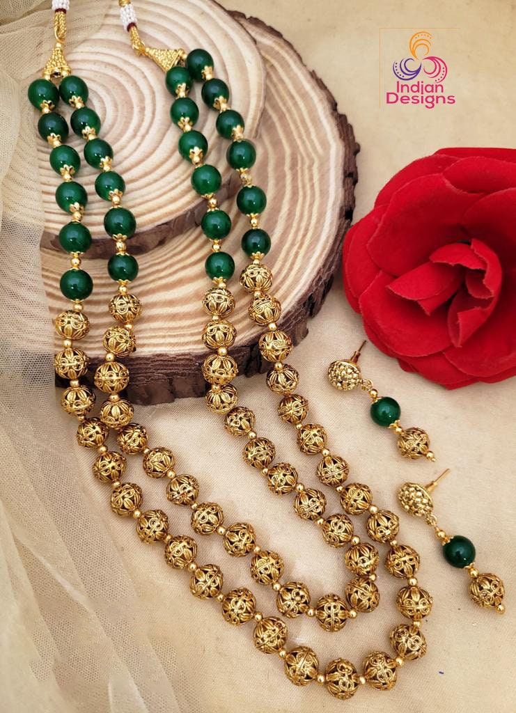 Traditional Handcrafted Golden beads Long matar mala Necklace Earring set | 22 Inch Two layer Gold balls chain mala set |South Indian Jewelry