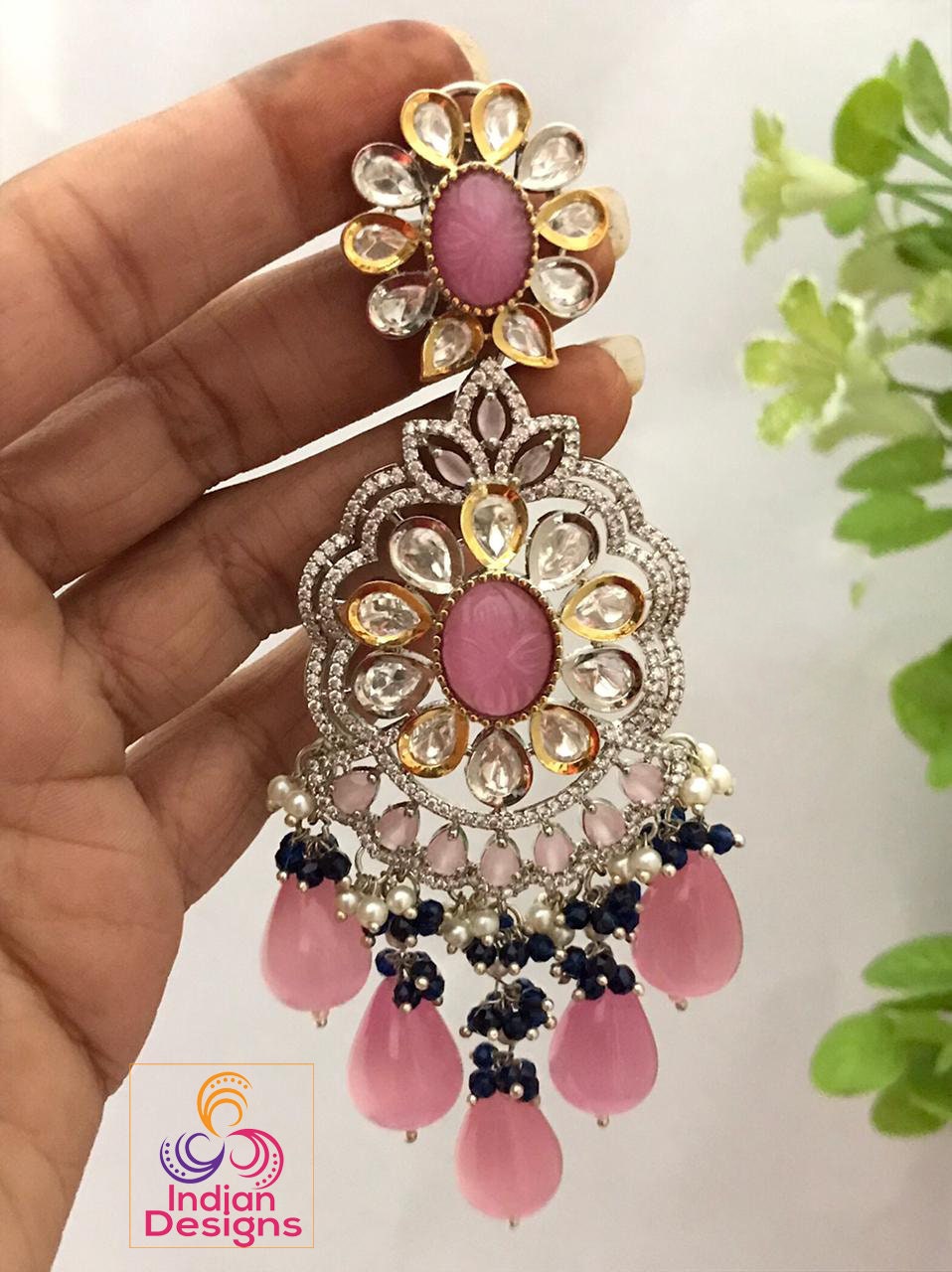 Handmade Real Kundan Wedding Earrings | Bridal Kundan Earring set|American Diamond Large Indian Wedding chandelier earrings|Punjabi Earrings