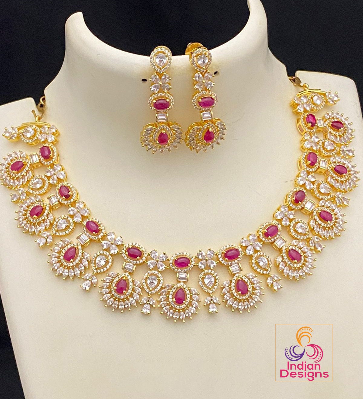 Ruby Diamond Choker Set/ AD Stones With Ruby Necklace 