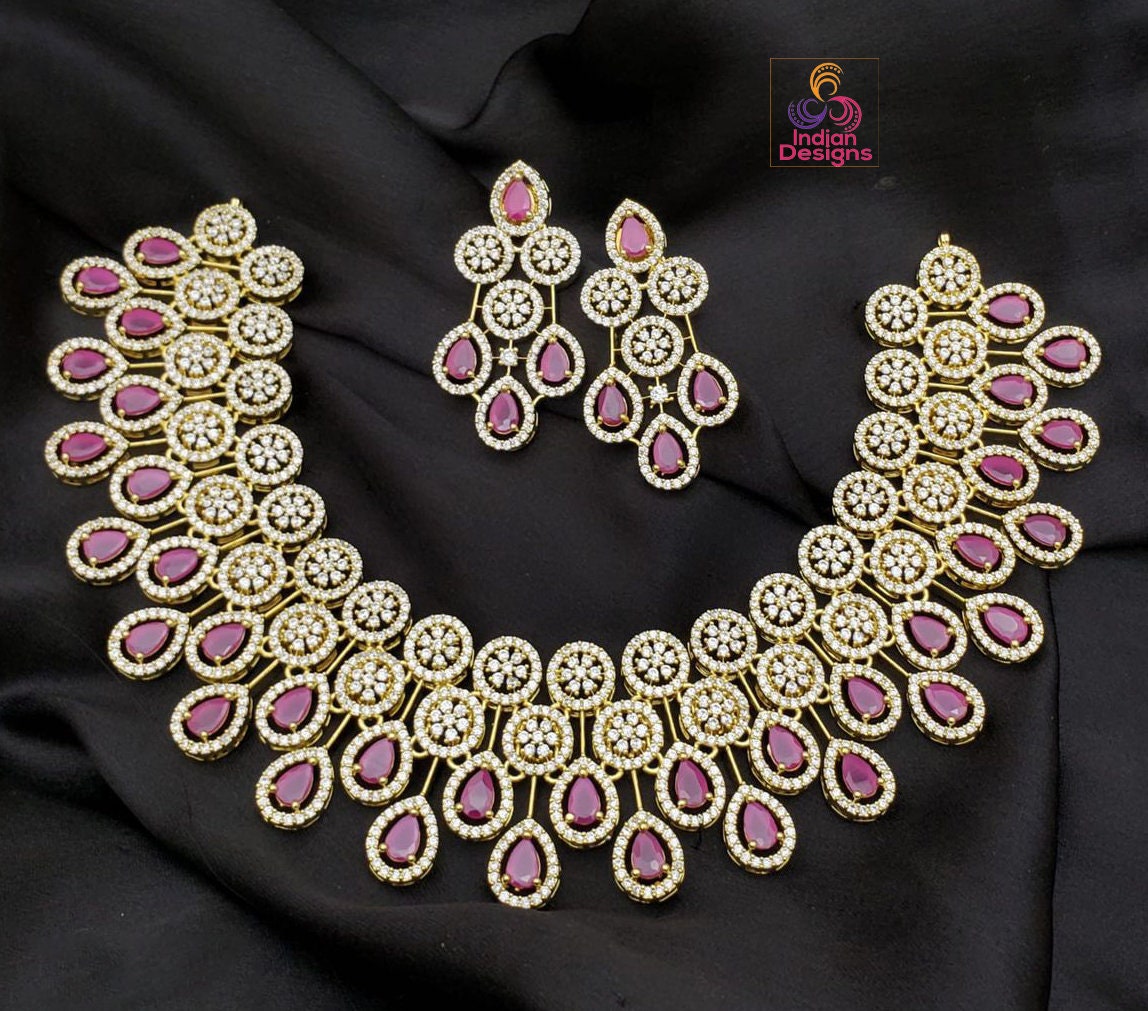 Luxury Gold plated American Diamond Wedding choker set | CZ AD necklace set rose gold Polish | Tear-drop indian wedding bridal jewelry sets