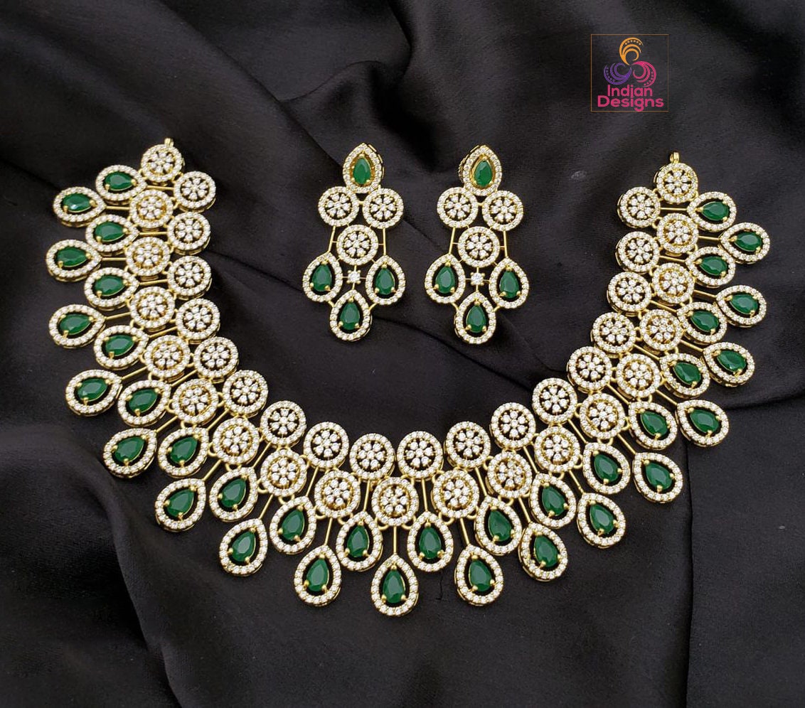 Luxury Gold plated American Diamond Wedding choker set | CZ AD necklace set rose gold Polish | Tear-drop indian wedding bridal jewelry sets
