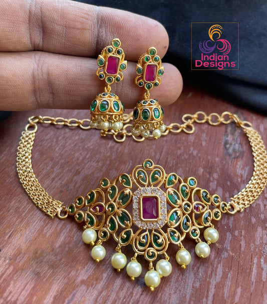 Real Kemp Green and Ruby Stone Matte finish choker  with small Jhumka South Indian | American Diamond Simple gold choker with Pearl drops