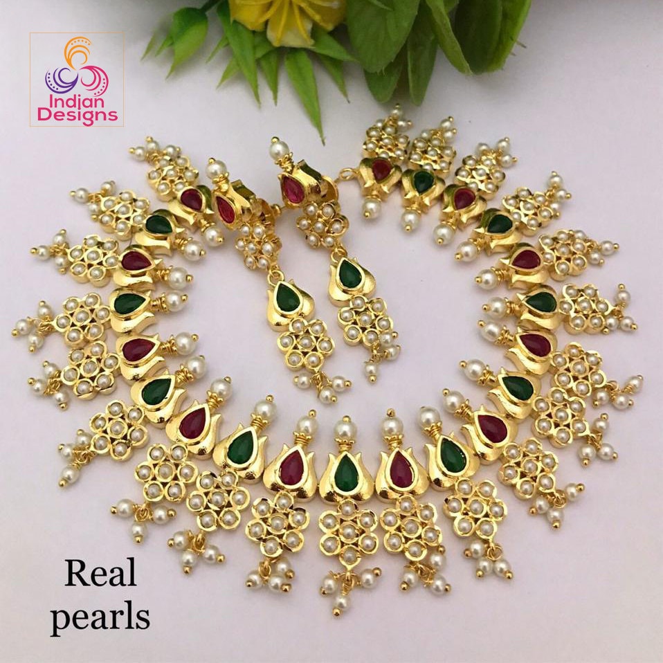 Gold Plated Ruby Emerald Pearl Necklace | Indian Bollywood Wedding necklace | American Diamond bridal necklace Earring set | Gift For her