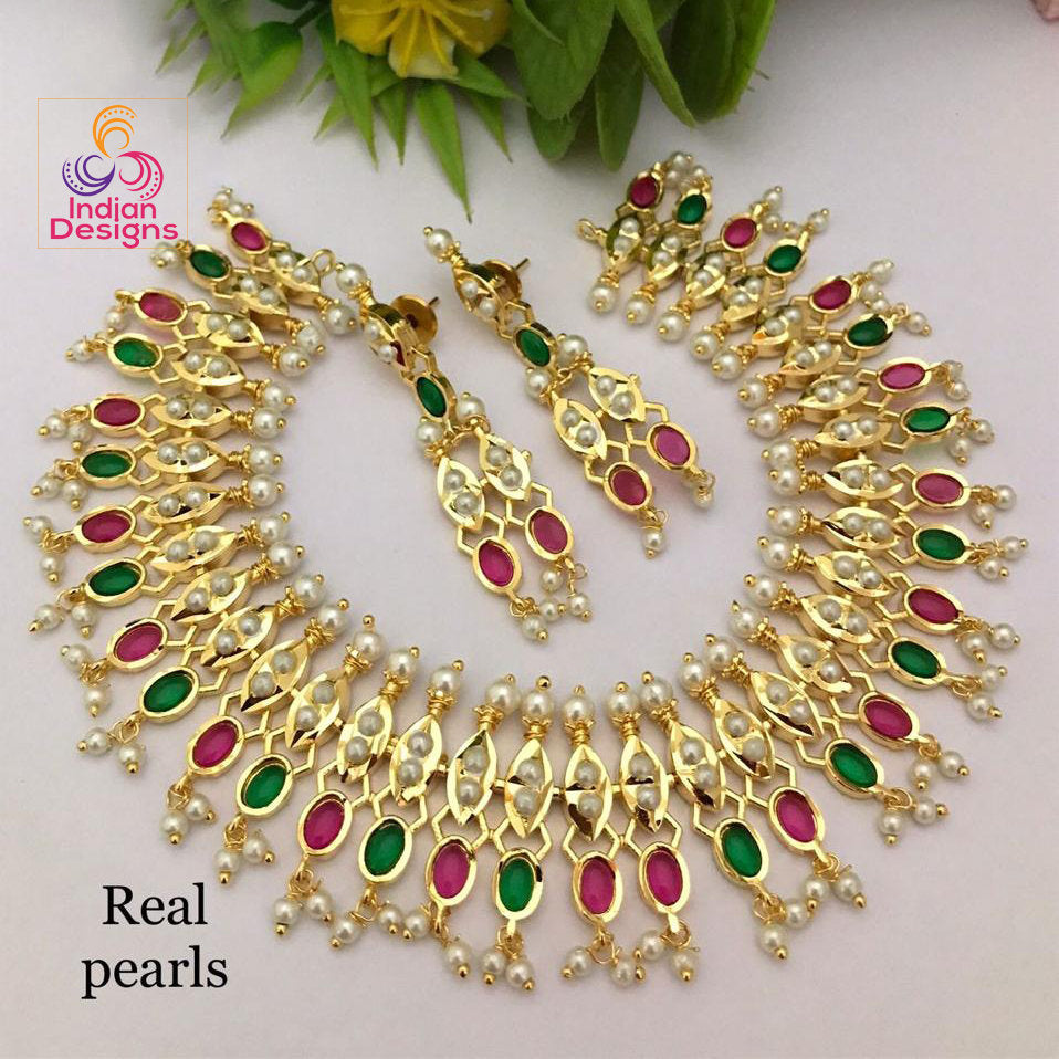 Gold Plated Ruby Emerald Pearl Necklace | Indian Bollywood Wedding necklace | American Diamond bridal necklace Earring set | Gift For her