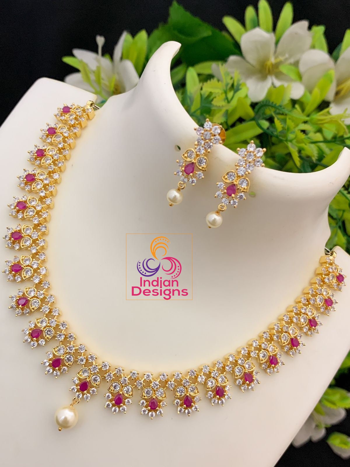 South Indian CZ Necklace jewelry design | American diamond choker necklace set | Gold tone emerald necklace | Ruby stone flower necklace