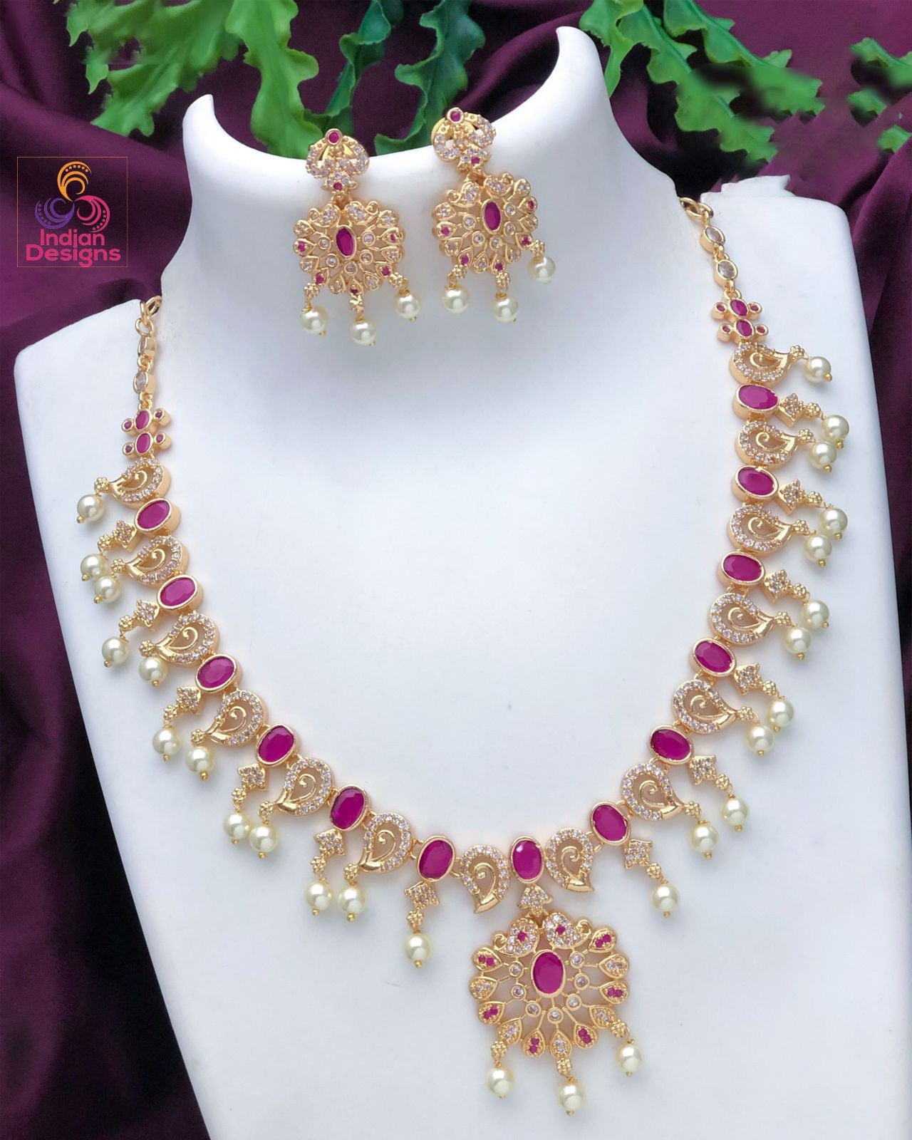 Gold plated Indian necklace set jewelry | Fine Polish 1 gram gold ruby emerald pearl necklace Earring set | Gift for Her | Wedding Jewelry