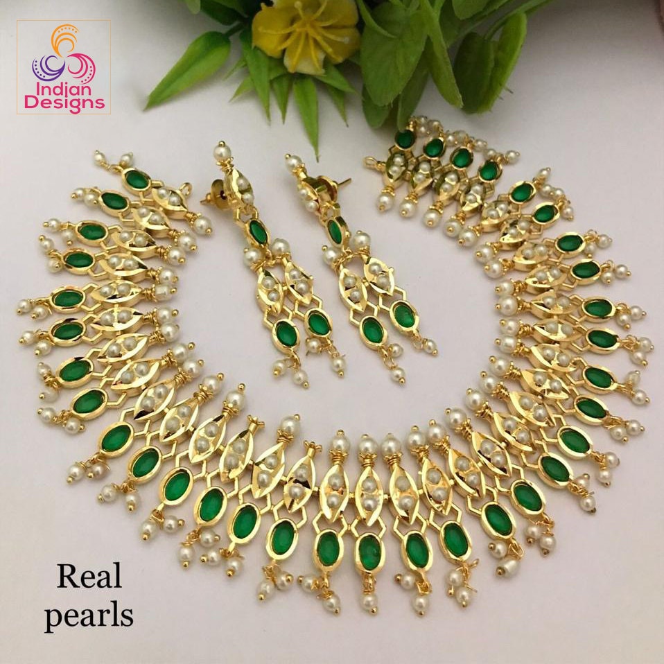 Gold Plated Ruby Emerald Pearl Necklace | Indian Bollywood Wedding necklace | American Diamond bridal necklace Earring set | Gift For her