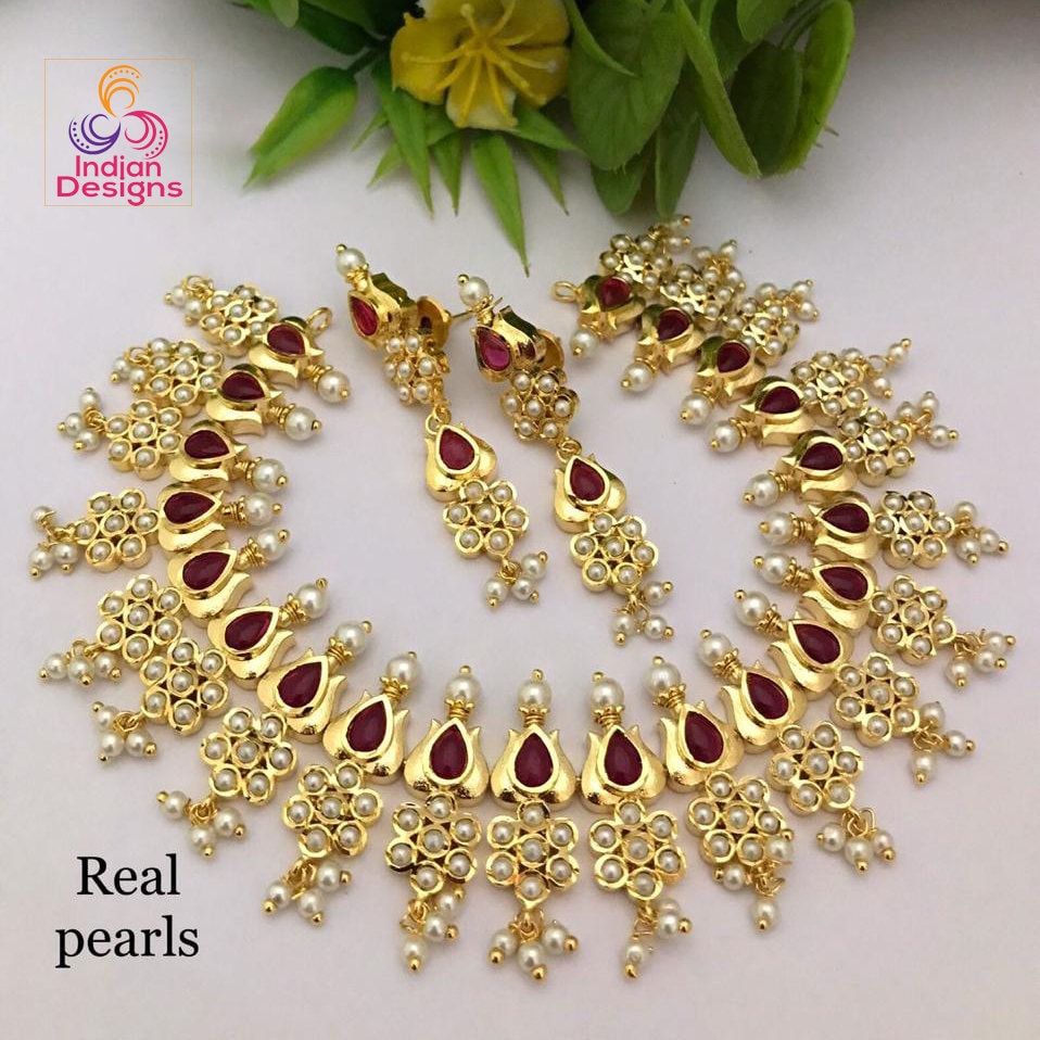 Gold Plated Ruby Emerald Pearl Necklace | Indian Bollywood Wedding necklace | American Diamond bridal necklace Earring set | Gift For her