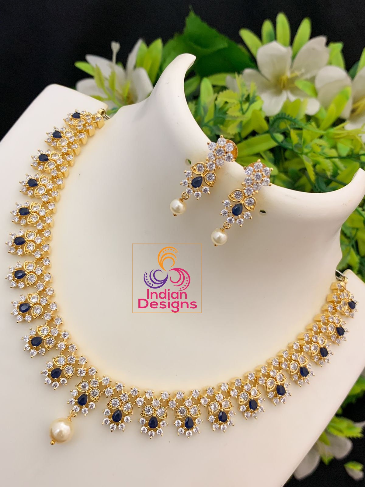 South Indian CZ Necklace jewelry design | American diamond choker necklace set | Gold tone emerald necklace | Ruby stone flower necklace