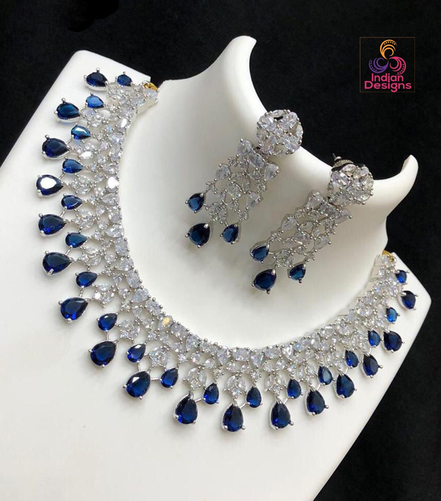 CZ Diamonds Silver Necklace Earrings Set | Pink Bridal Necklace Indian Jewelry Set | Statement Choker set Crystal Jewelry | Indian designs