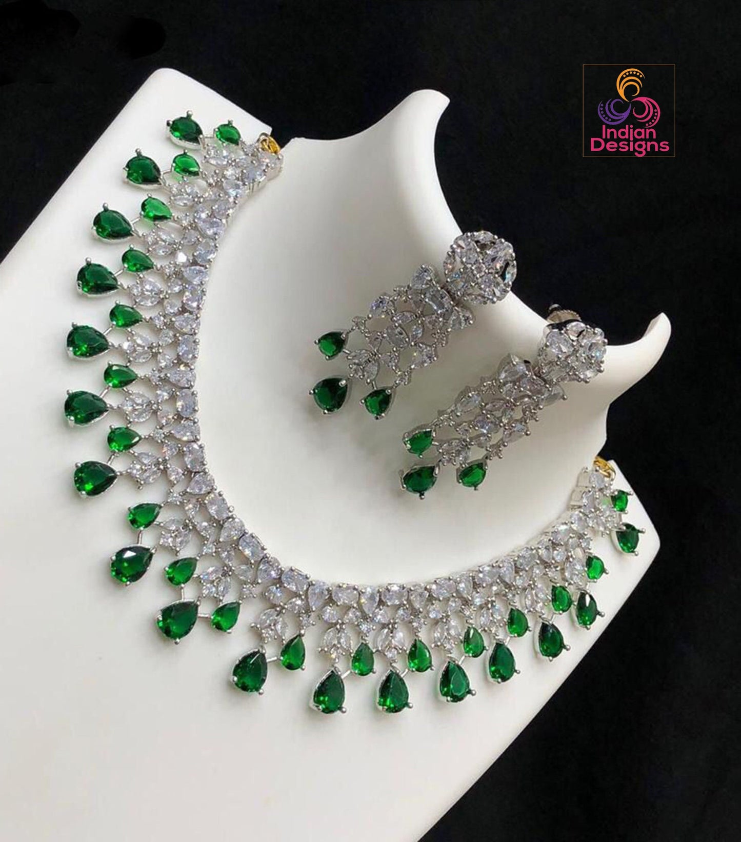 CZ Diamonds Silver Necklace Earrings Set | Pink Bridal Necklace Indian Jewelry Set | Statement Choker set Crystal Jewelry | Indian designs