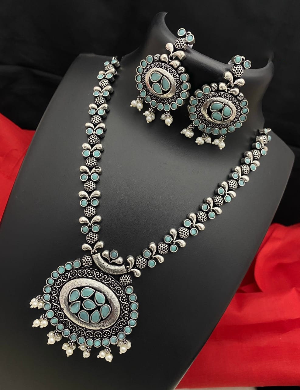 Oxidized Indian Jewelry Necklace and Earrings | Indian Oxidised Silver look alike color stone necklace | German Silver Antique jewelry set