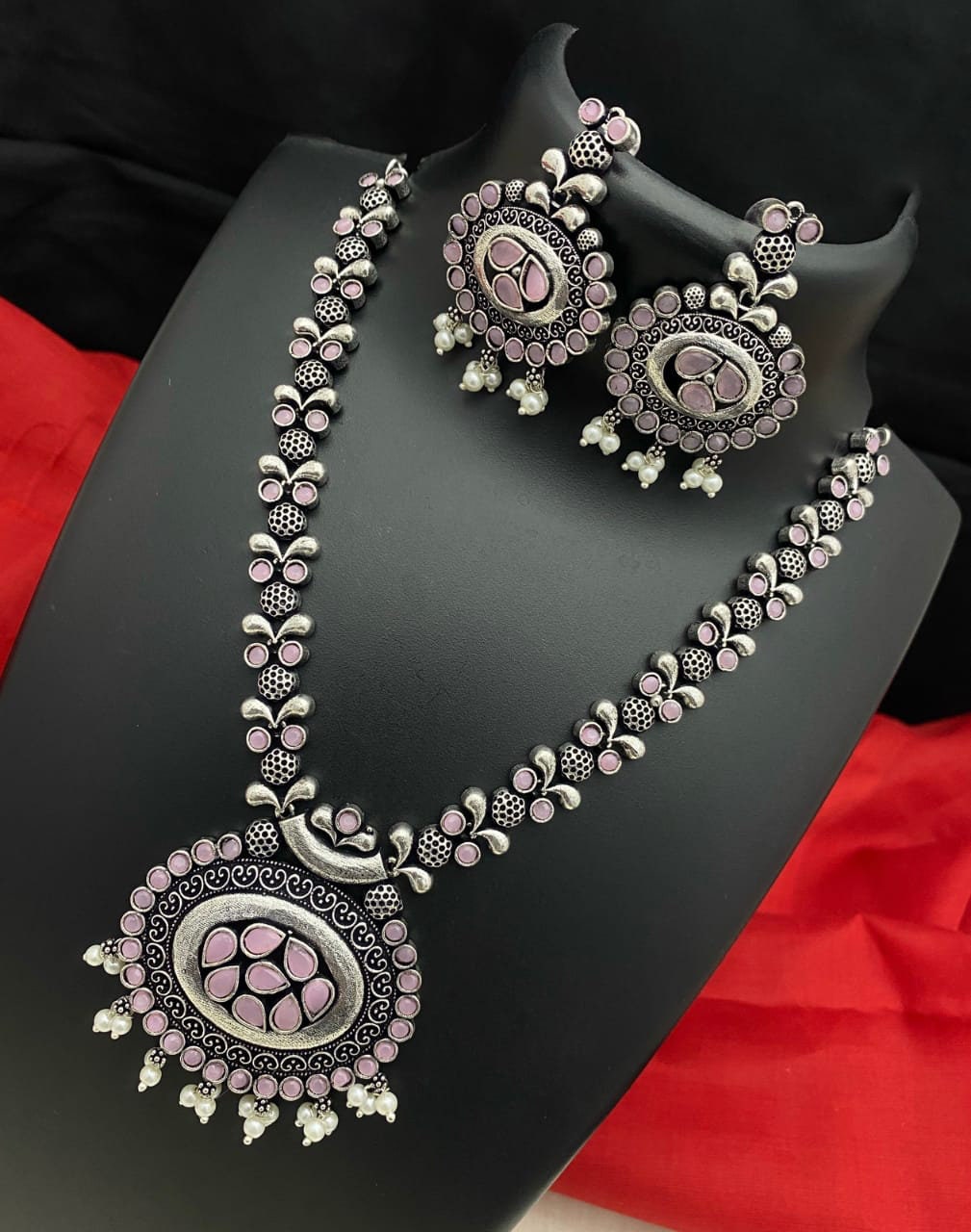 Oxidized Indian Jewelry Necklace and Earrings | Indian Oxidised Silver look alike color stone necklace | German Silver Antique jewelry set