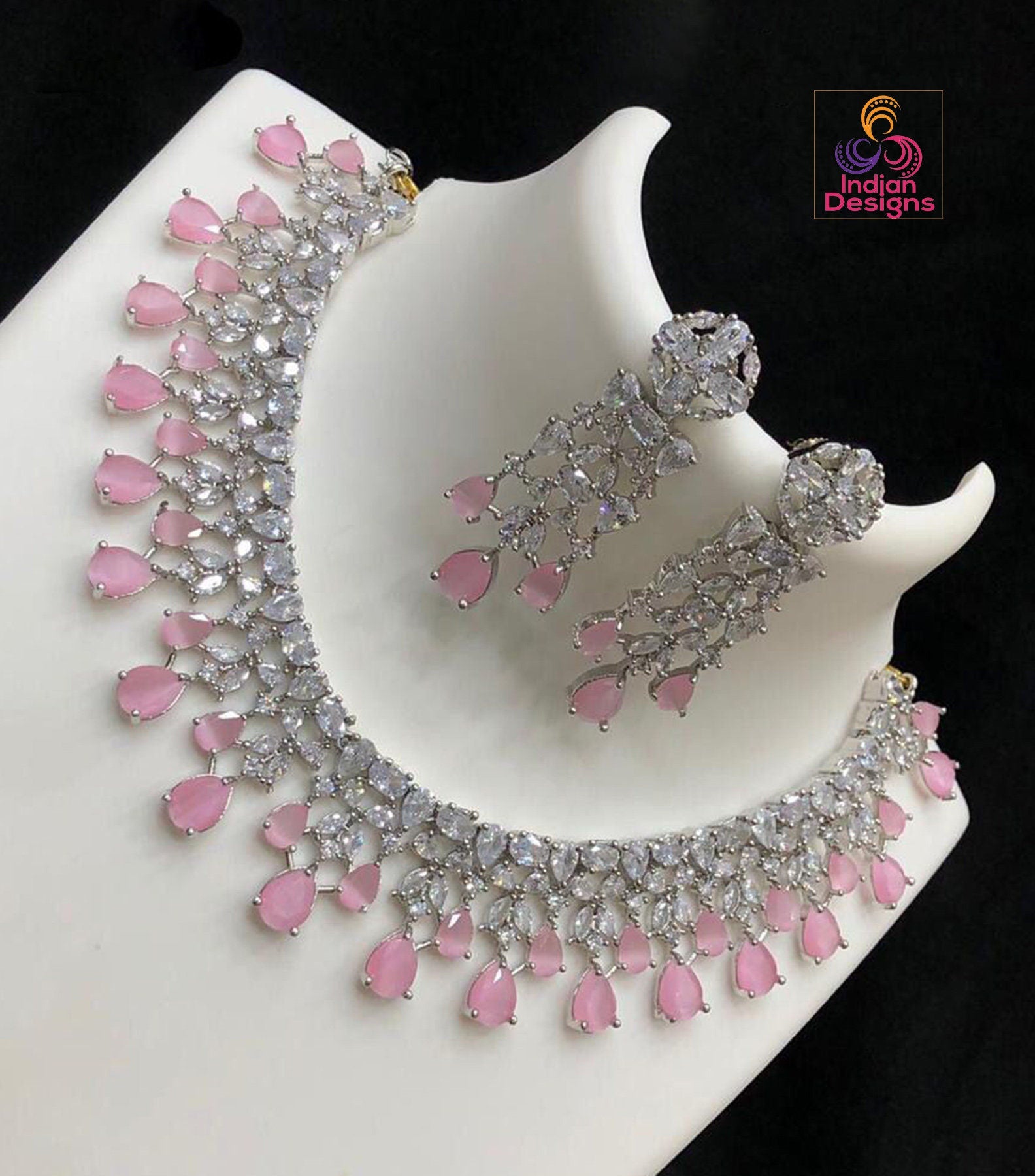 CZ Diamonds Silver Necklace Earrings Set | Pink Bridal Necklace Indian
