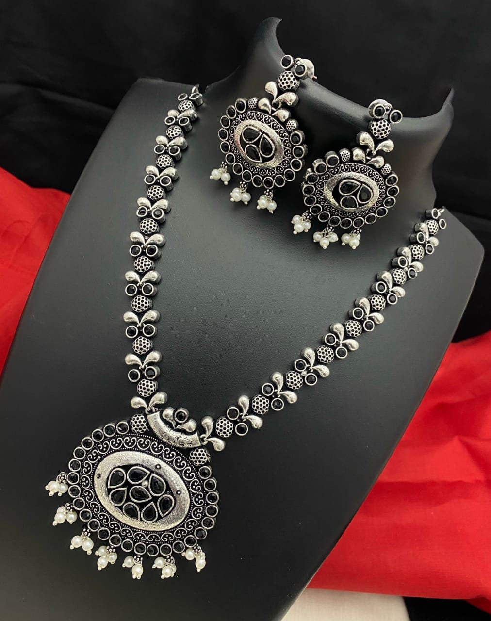 Oxidized Indian Jewelry Necklace and Earrings | Indian Oxidised Silver look alike color stone necklace | German Silver Antique jewelry set