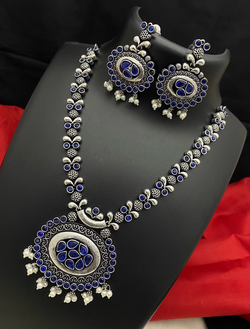 Oxidized Indian Jewelry Necklace and Earrings | Indian Oxidised Silver look alike color stone necklace | German Silver Antique jewelry set