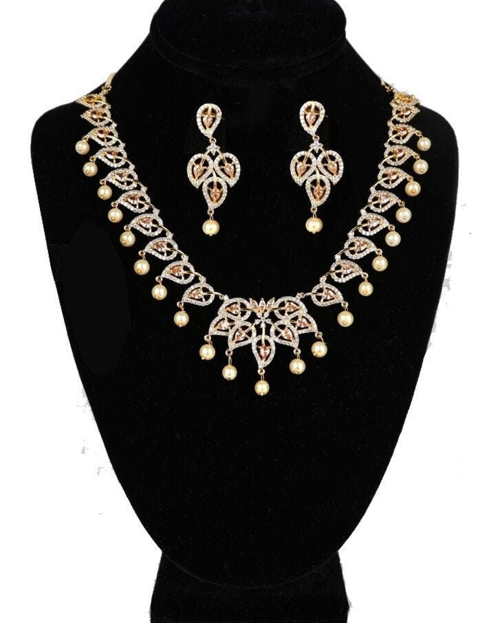 Gold-Plated American Diamond Necklace and Earrings Set with Ruby Accents and Pearls| CZ Diamond Topaz/Blue Sapphire Necklace| Gift for her