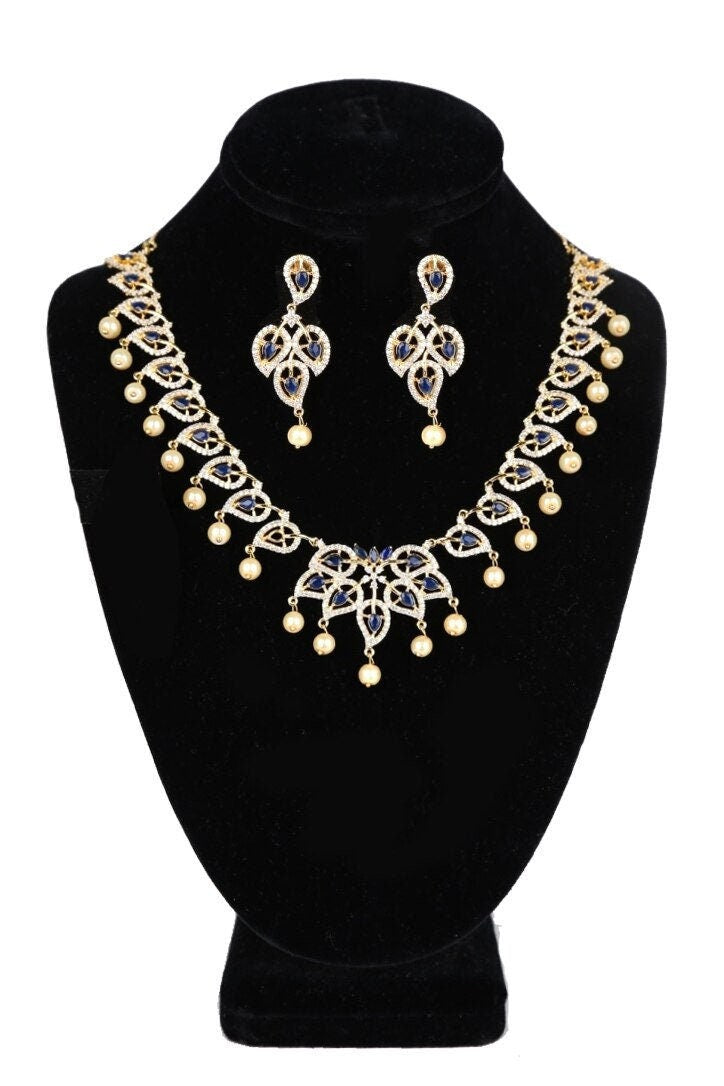 Gold-Plated American Diamond Necklace and Earrings Set with Ruby Accents and Pearls| CZ Diamond Topaz/Blue Sapphire Necklace| Gift for her