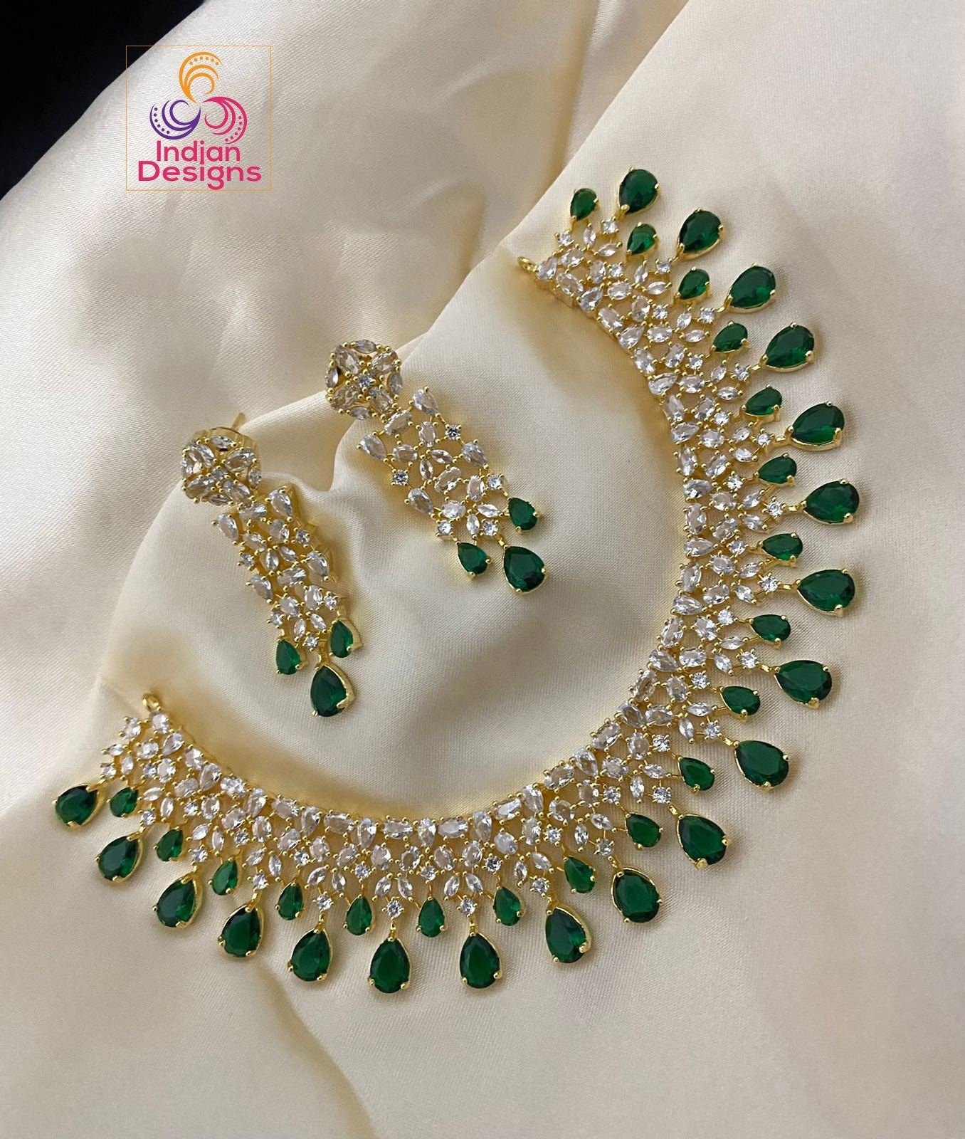 Mint green AD necklace and earrings |Gold Plated American diamond necklace | High Quality CZ Diamonds Mint Green stone Necklace Earrings Set